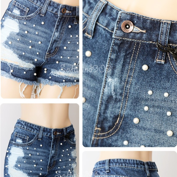 Last☝️Blue Pearl Distressed Fray High Waist Shorts - Picture 5 of 8